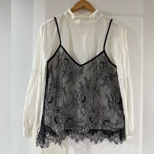 WHO WHAT WEAR Black Lace Overlay on Long Sleeve White Blouse
